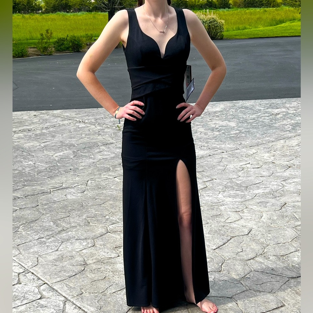 CLEARANCE Women’s Sexy Black Floor Length Sweetheart Neckline Dress W Leg Slit - Picture 1 of 16